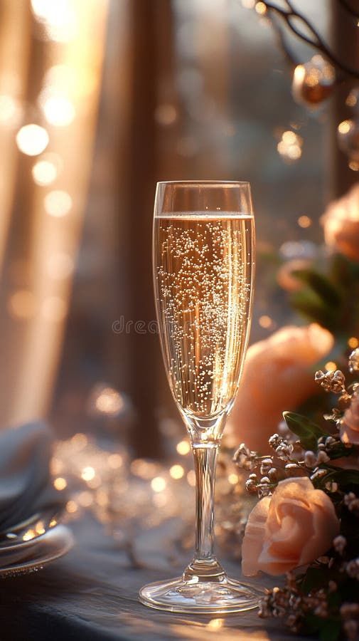 Ett glas med bubblande champagne mot en festlig bakgrund av ljus och blommor.
